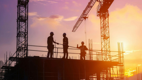 The silhouettes of construction workers standing on top of a half constructed building with the sky lit up pinky orange from the setting sun behind