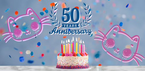 An illustrative image representing the 50th anniversary of the Hellow Kitty brand, featuring Kitten illustrations, a birthday cake and text surrounded by laurels marking the number, the background feature a blurred appearance of confetti against a blue background.