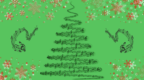 an illustration of a Christmas tree formed by musical notes against a green background, there are also extra musical notes floating and snowflakes in white and red