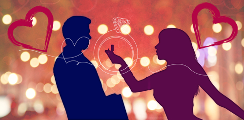 An illustration of a woman proposing marriage to a man. The figures are in silhouette, with the woman holding up an engagement ring box. The background is a blurred image of lights with a warm glow suggesting a romantic location. Overlaid are heart and engagement ring icons.